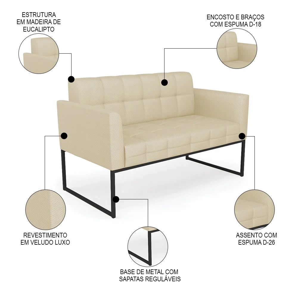 Sofá Namoradeira e 2 Poltronas Base Industrial Preto Ana Veludo Luxo Off White - Ibiza