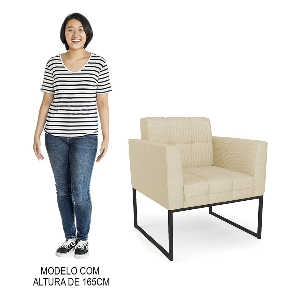 Sofá Namoradeira e 2 Poltronas Base Industrial Preto Ana Veludo Luxo Off White - Ibiza