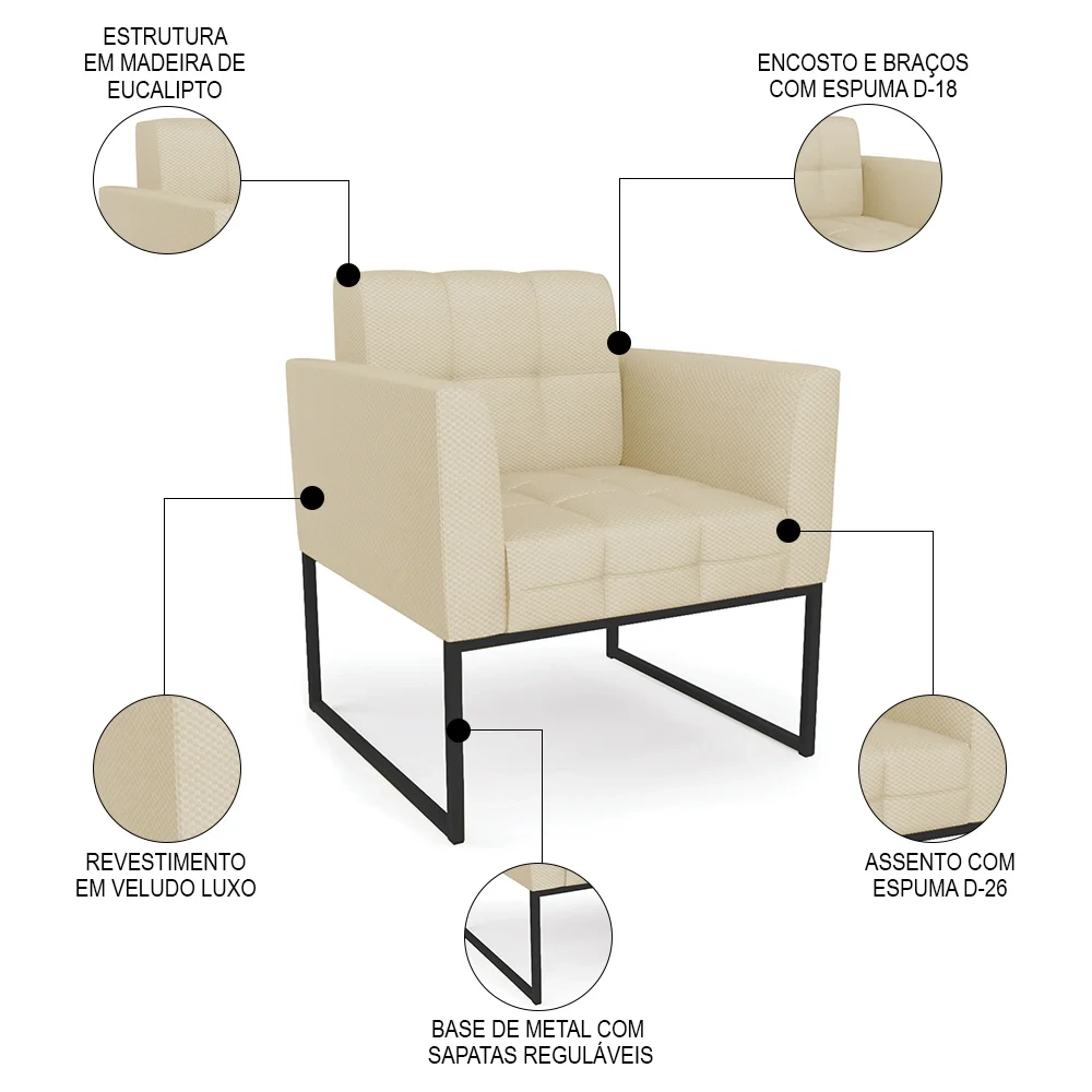 Sofá Namoradeira e 2 Poltronas Base Industrial Preto Ana Veludo Luxo Off White - Ibiza