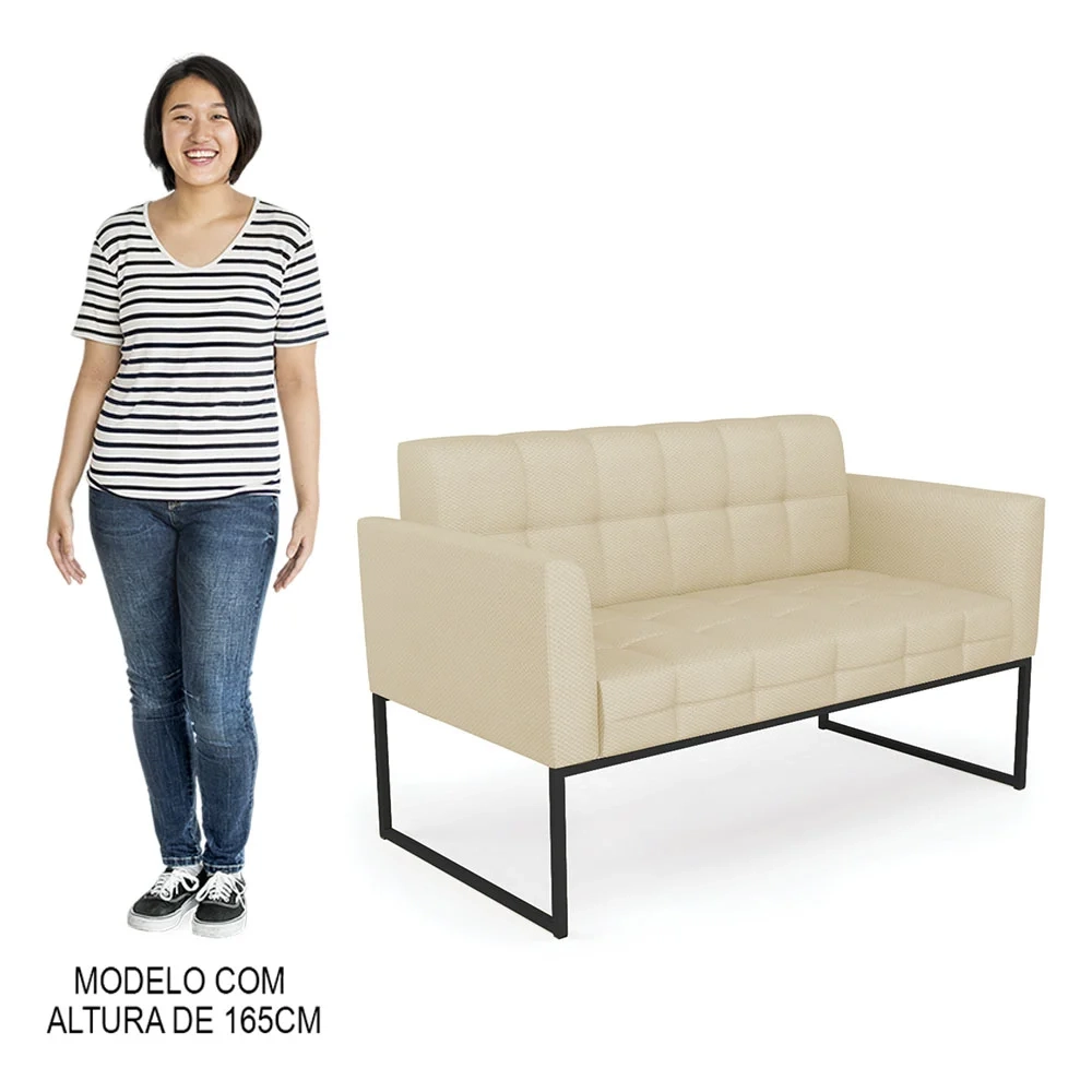 Sofá Namoradeira e 2 Poltronas Base Industrial Preto Ana Veludo Luxo Off White - Ibiza