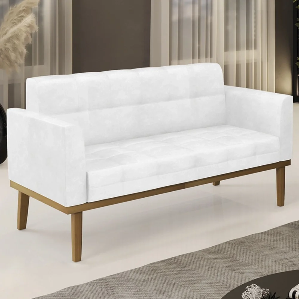 Sofá Namoradeira Base Madeira Castanho Ana Sintético PU Branco - Ibiza