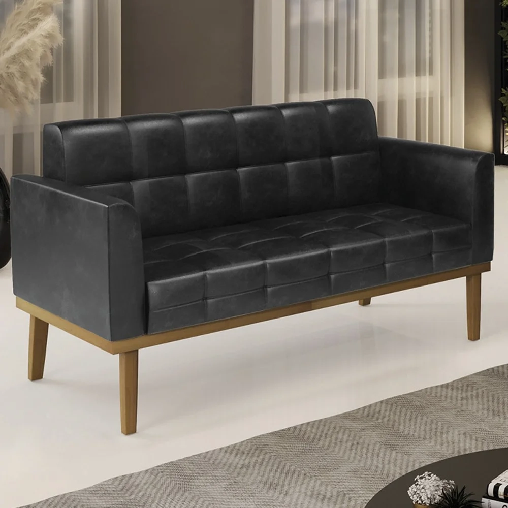 Sofá Namoradeira Base Madeira Castanho Ana Sintético PU Preto - Ibiza