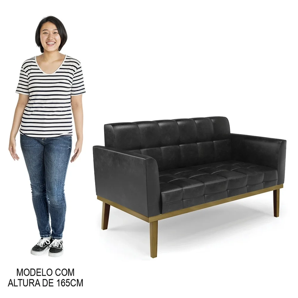 Sofá Namoradeira Base Madeira Castanho Ana Sintético PU Preto - Ibiza