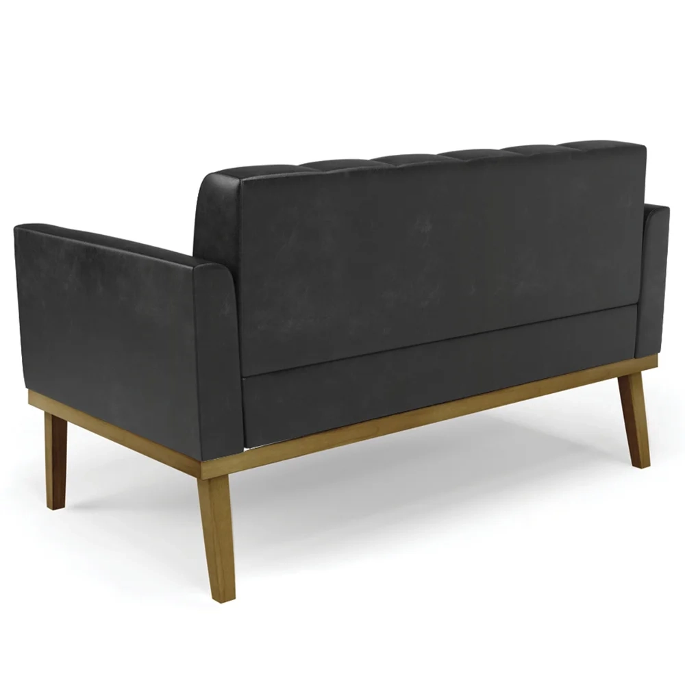 Sofá Namoradeira e 2 Poltronas Base Madeira Castanho Ana Sintético PU Preto - Ibiza