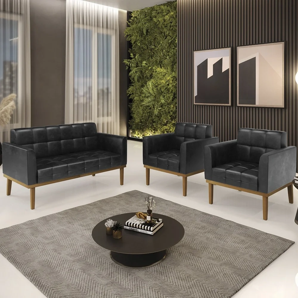 Sofá Namoradeira e 2 Poltronas Base Madeira Castanho Ana Sintético PU Preto - Ibiza