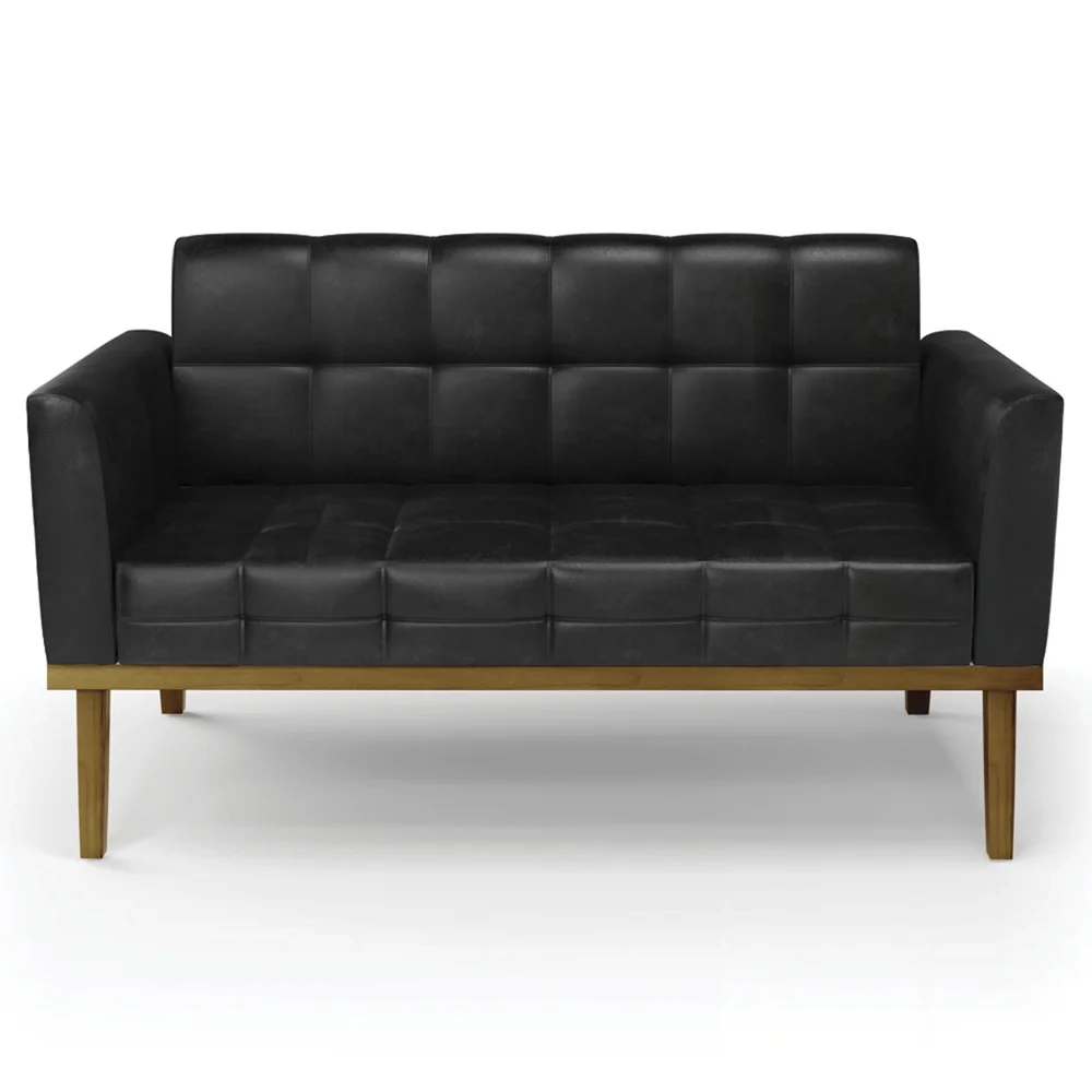 Sofá Namoradeira e 2 Poltronas Base Madeira Castanho Ana Sintético PU Preto - Ibiza