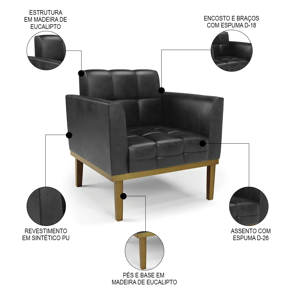 Sofá Namoradeira e 2 Poltronas Base Madeira Castanho Ana Sintético PU Preto - Ibiza