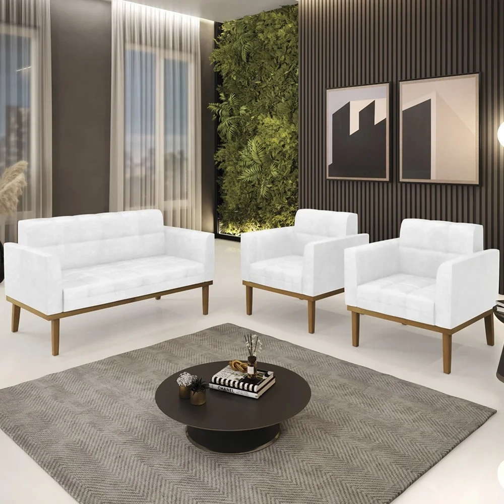 Sofá Namoradeira e 2 Poltronas Base Madeira Castanho Ana Sintético PU Branco - Ibiza