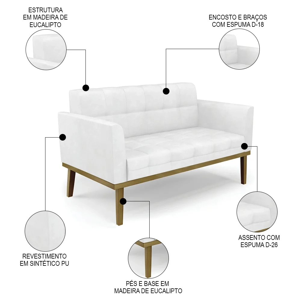 Sofá Namoradeira e 2 Poltronas Base Madeira Castanho Ana Sintético PU Branco - Ibiza