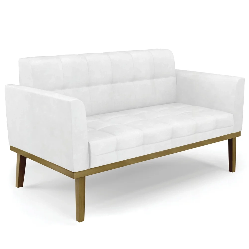 Sofá Namoradeira e 2 Poltronas Base Madeira Castanho Ana Sintético PU Branco - Ibiza