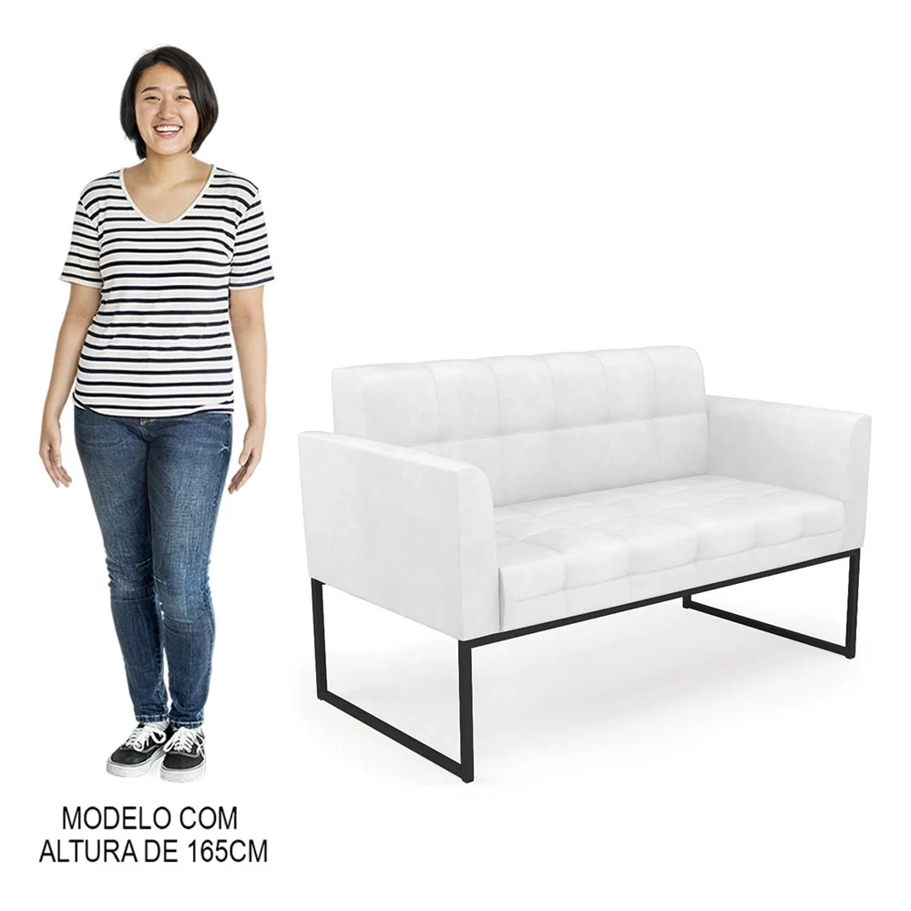 Sofá Namoradeira e 2 Poltronas Base Industrial Preto Ana Sintético PU Branco - Ibiza