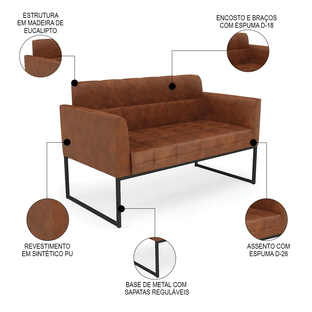 Sofá Namoradeira Base Industrial Preto Ana Sintético PU Nozes - Ibiza