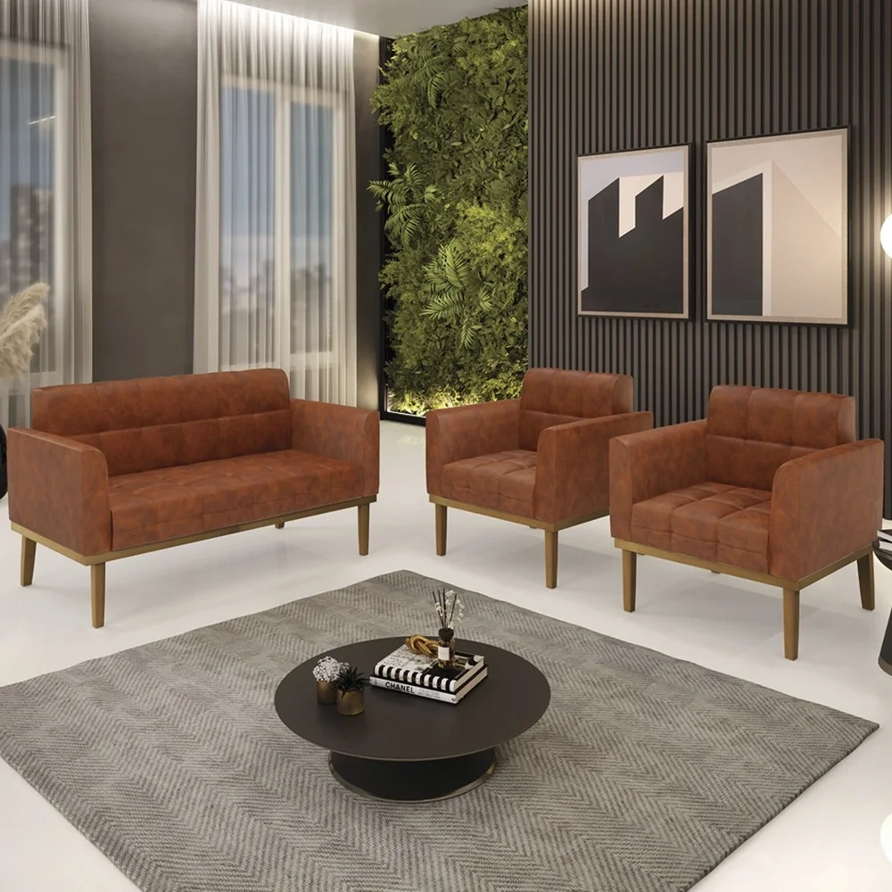 Sofá Namoradeira e 2 Poltronas Base Madeira Castanho Ana Sintético PU Nozes - Ibiza