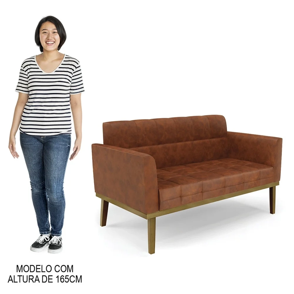 Sofá Namoradeira e 2 Poltronas Base Madeira Castanho Ana Sintético PU Nozes - Ibiza