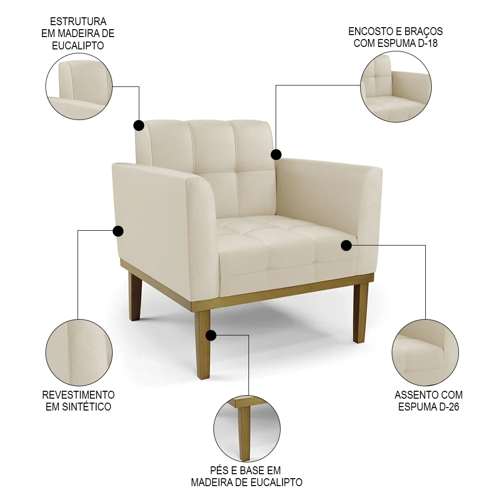 Sofá Namoradeira e 2 Poltronas Base Madeira Castanho Ana Sintético Bege - Ibiza
