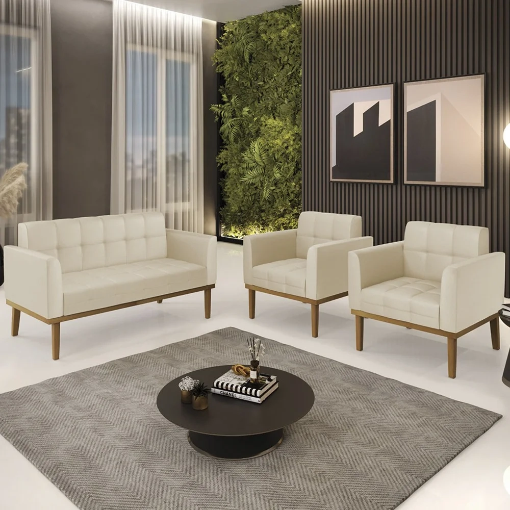 Sofá Namoradeira e 2 Poltronas Base Madeira Castanho Ana Sintético Bege - Ibiza