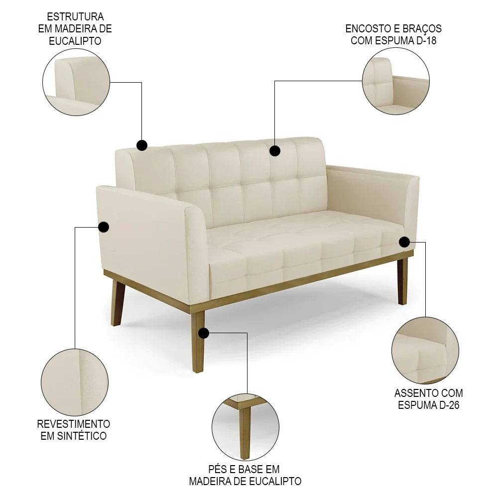 Sofá Namoradeira e 2 Poltronas Base Madeira Castanho Ana Sintético Bege - Ibiza