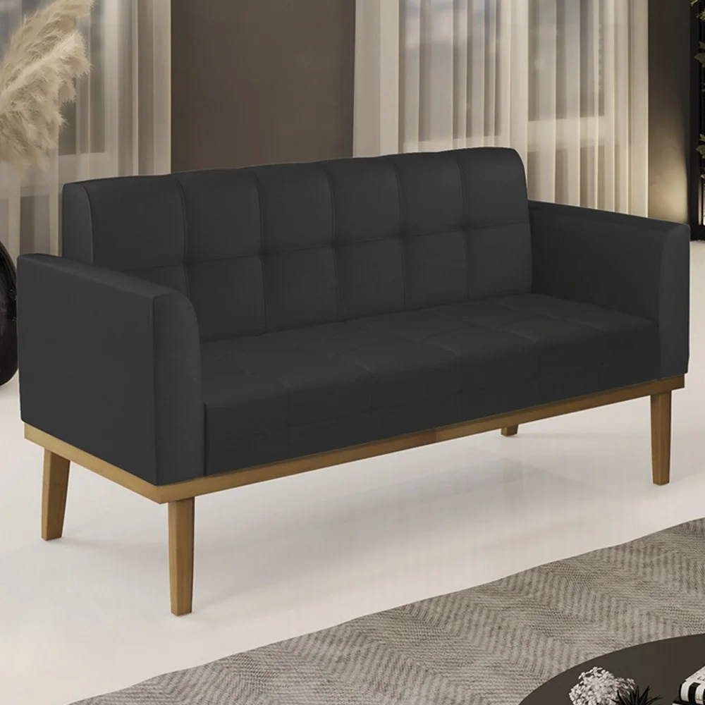 Sofá Namoradeira Base Madeira Castanho Ana Sintético Preto - Ibiza