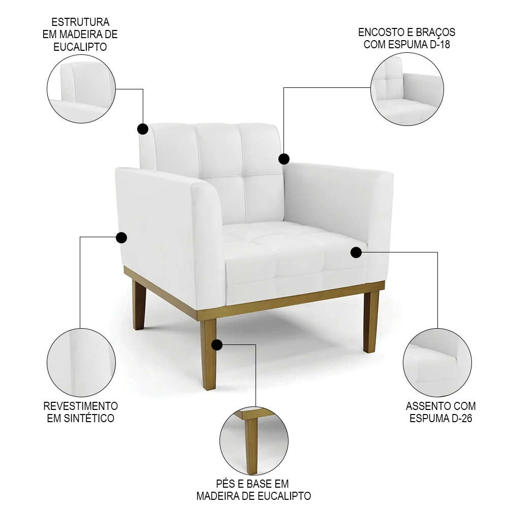 Sofá Namoradeira e 2 Poltronas Base Madeira Castanho Ana Sintético Branco - Ibiza