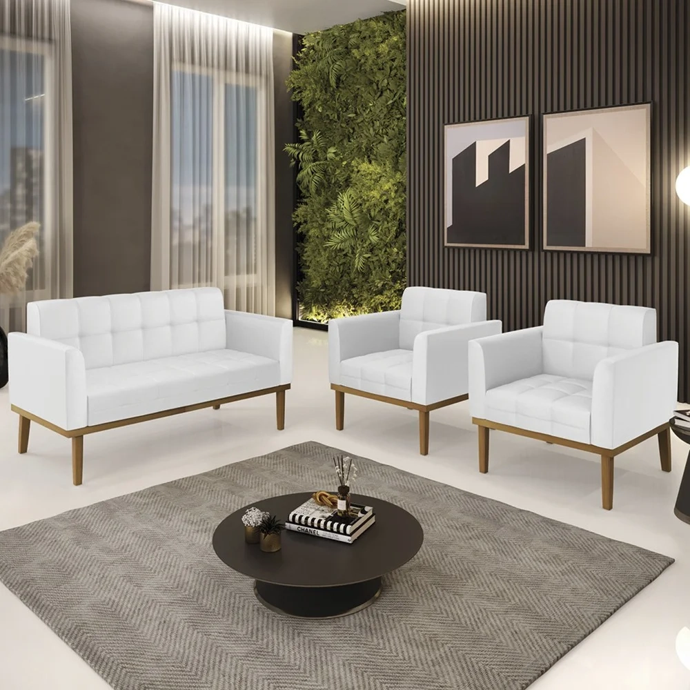 Sofá Namoradeira e 2 Poltronas Base Madeira Castanho Ana Sintético Branco - Ibiza