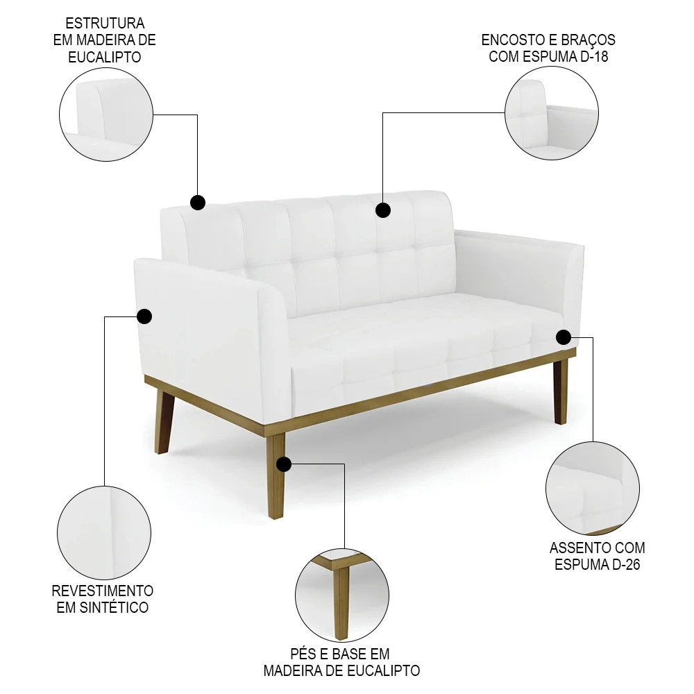 Sofá Namoradeira e 2 Poltronas Base Madeira Castanho Ana Sintético Branco - Ibiza