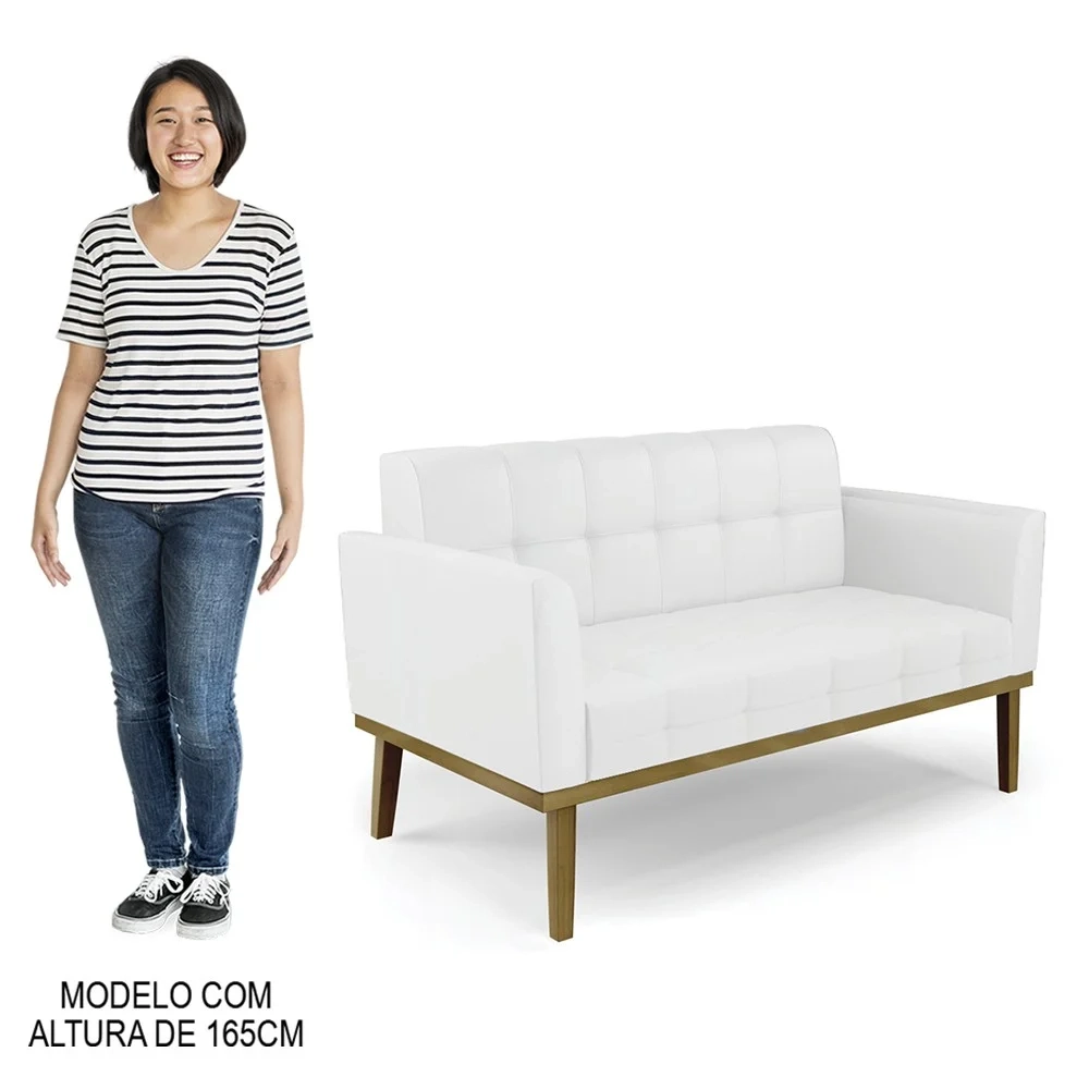 Sofá Namoradeira e 2 Poltronas Base Madeira Castanho Ana Sintético Branco - Ibiza