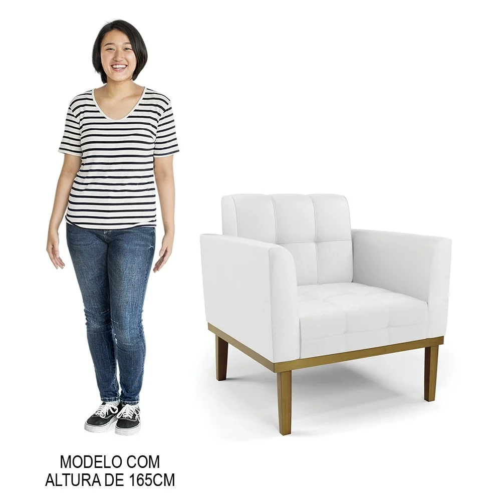 Sofá Namoradeira e 2 Poltronas Base Madeira Castanho Ana Sintético Branco - Ibiza