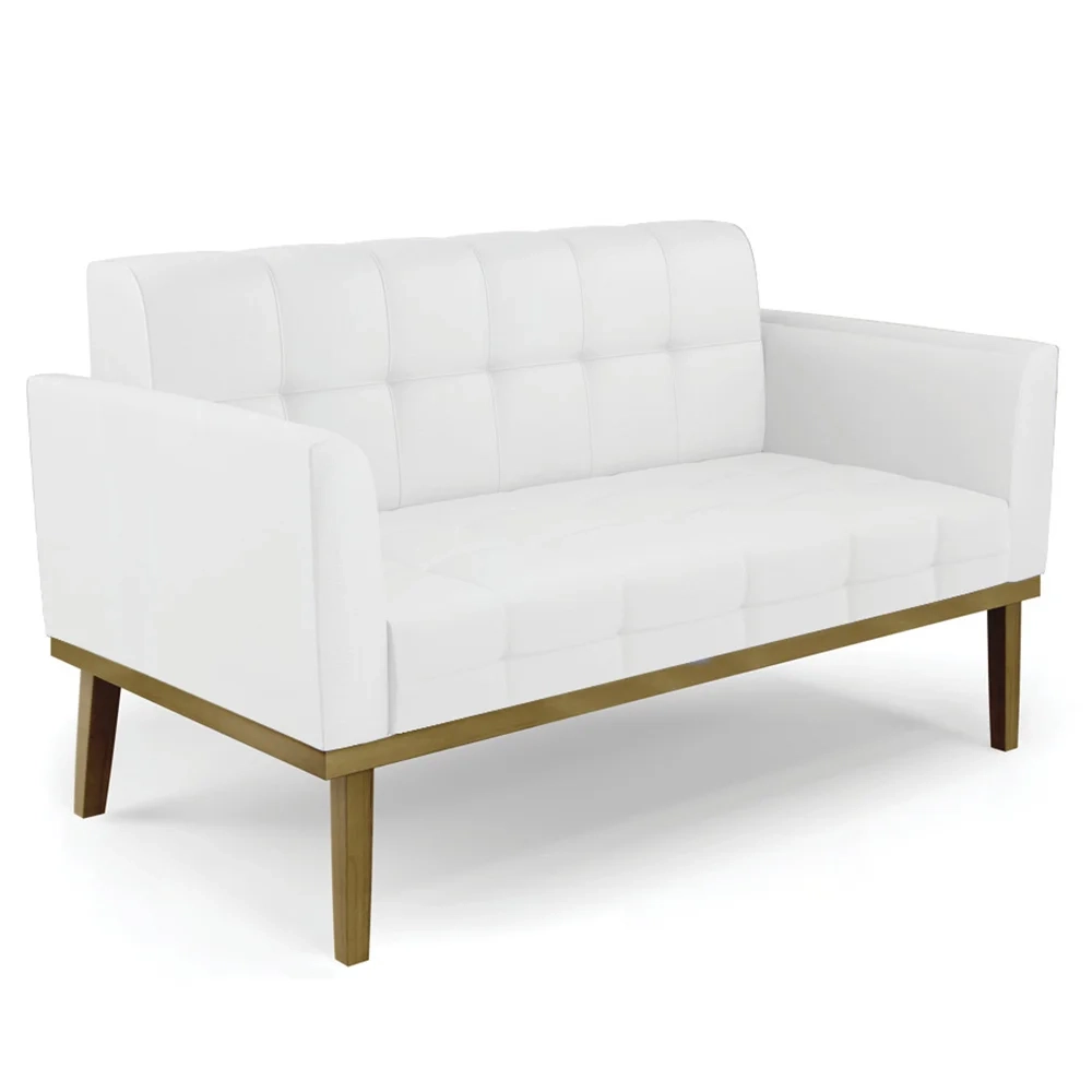 Sofá Namoradeira e 2 Poltronas Base Madeira Castanho Ana Sintético Branco - Ibiza