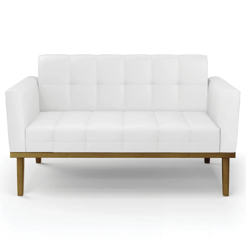 Sofá Namoradeira e 2 Poltronas Base Madeira Castanho Ana Sintético Branco - Ibiza