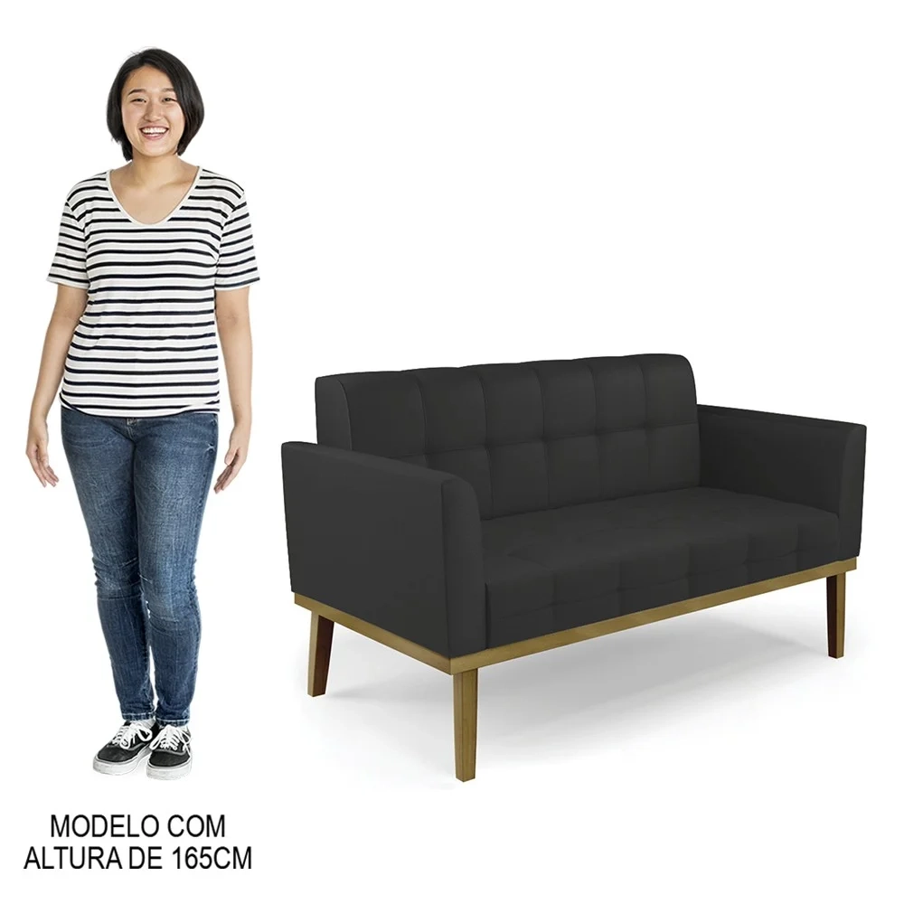 Sofá Namoradeira e 2 Poltronas Base Madeira Castanho Ana Sintético Preto - Ibiza