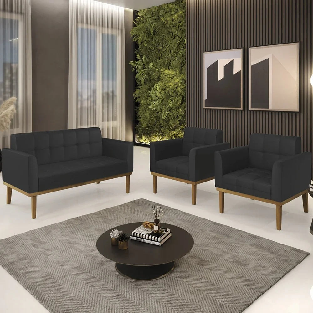 Sofá Namoradeira e 2 Poltronas Base Madeira Castanho Ana Sintético Preto - Ibiza