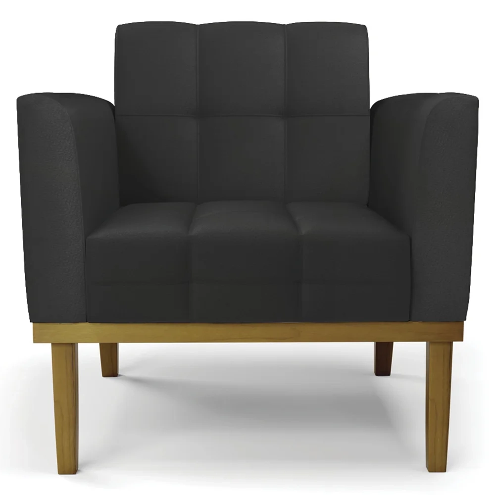 Sofá Namoradeira e 2 Poltronas Base Madeira Castanho Ana Sintético Preto - Ibiza