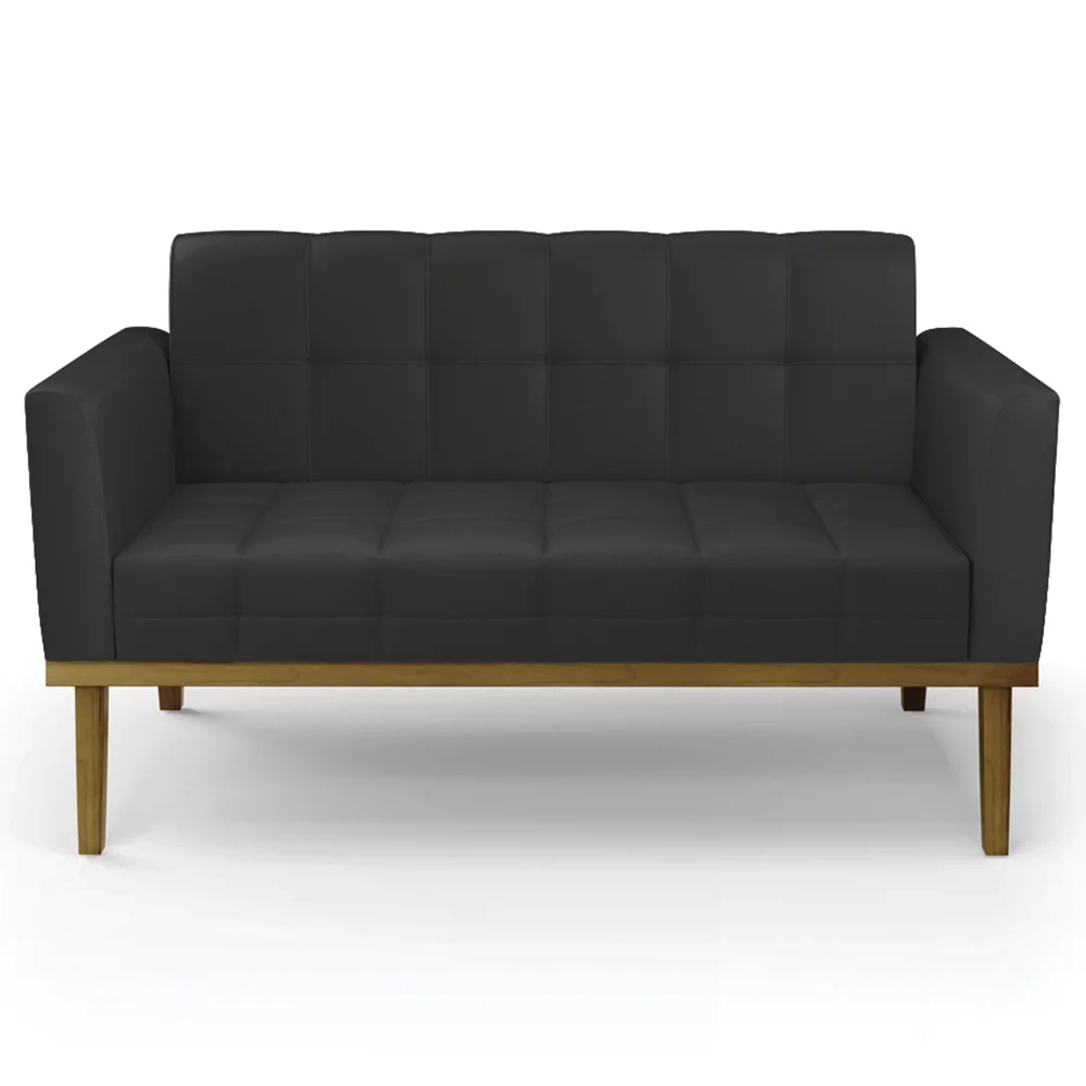 Sofá Namoradeira e 2 Poltronas Base Madeira Castanho Ana Sintético Preto - Ibiza