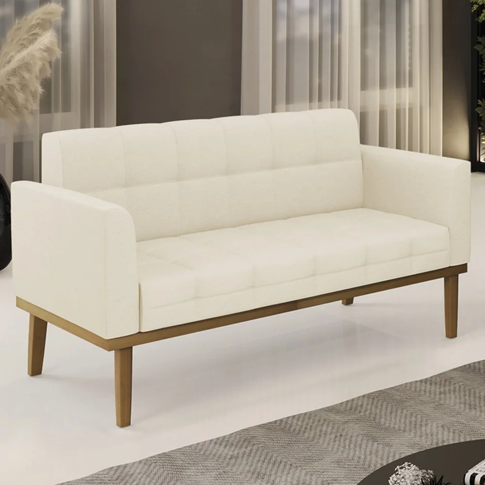 Sofá Namoradeira Base Madeira Castanho Ana Linho Bege - Ibiza