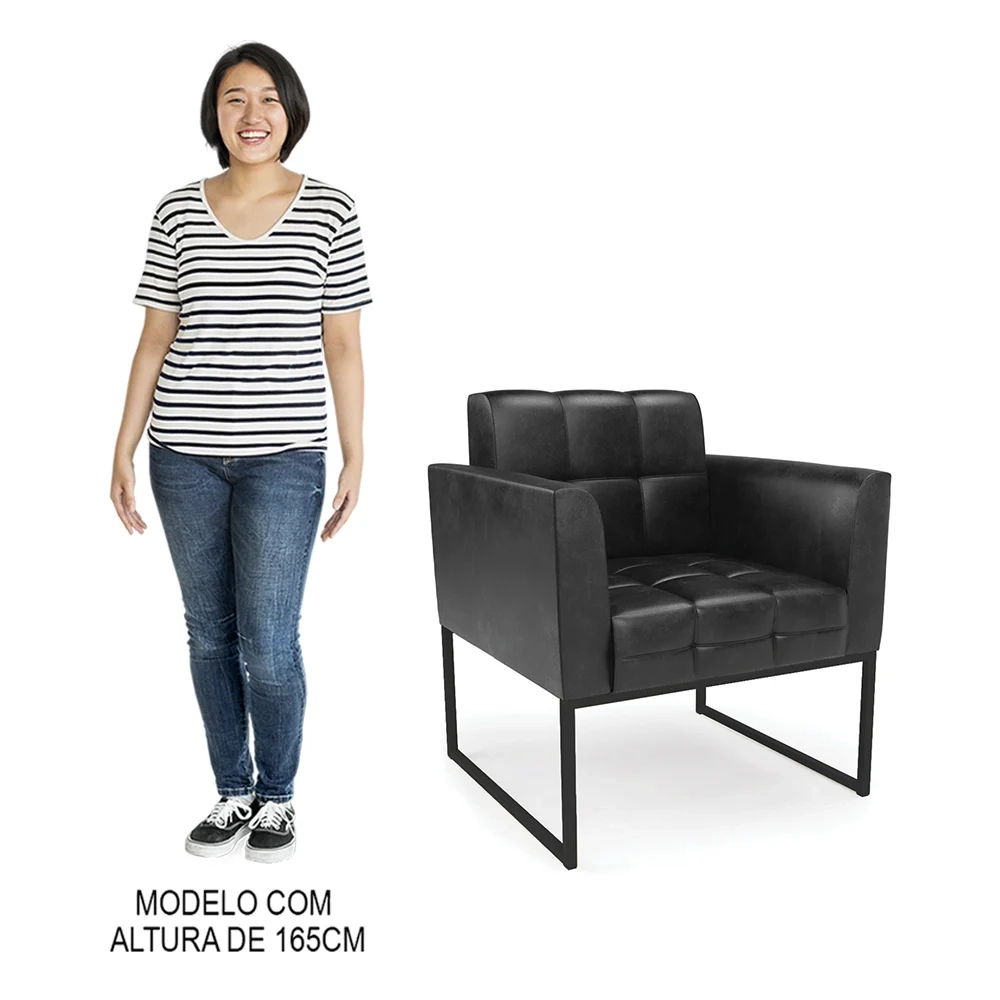 Sofá Namoradeira e 2 Poltronas Base Industrial Preto Ana Sintético PU Preto - Ibiza