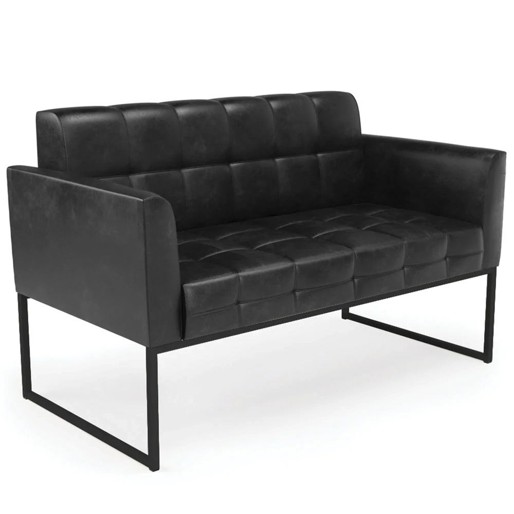 Sofá Namoradeira e 2 Poltronas Base Industrial Preto Ana Sintético PU Preto - Ibiza