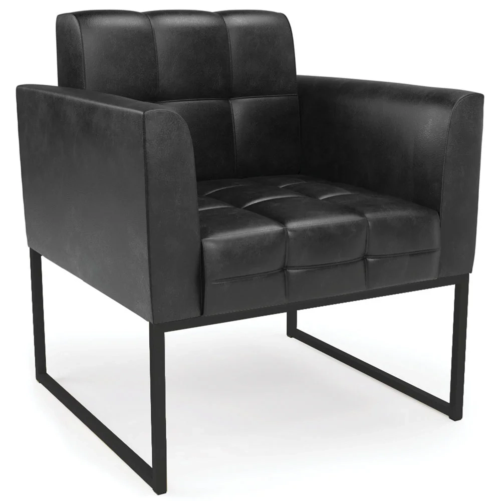 Sofá Namoradeira e 2 Poltronas Base Industrial Preto Ana Sintético PU Preto - Ibiza