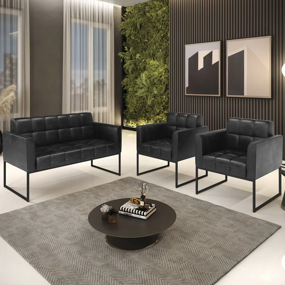 Sofá Namoradeira e 2 Poltronas Base Industrial Preto Ana Sintético PU Preto - Ibiza