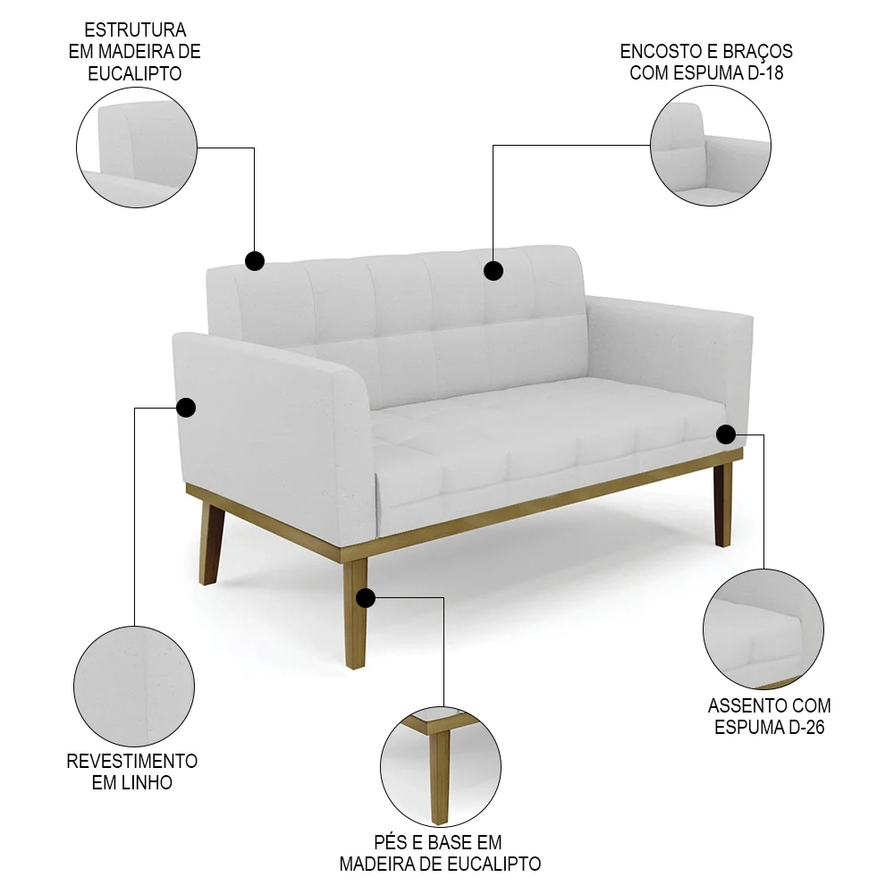 Sofá Namoradeira Base Madeira Castanho Ana Linho Cinza - Ibiza