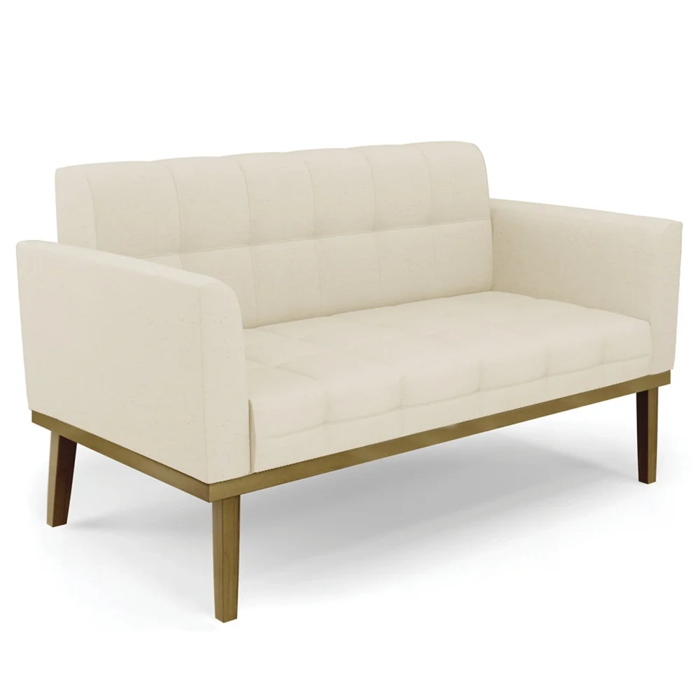 Sofá Namoradeira e 2 Poltronas Base Madeira Castanho Ana Linho Bege - Ibiza