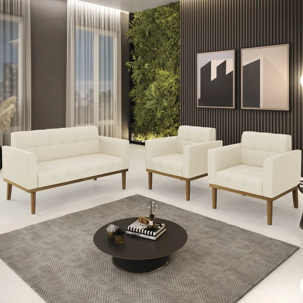 Sofá Namoradeira e 2 Poltronas Base Madeira Castanho Ana Linho Bege - Ibiza