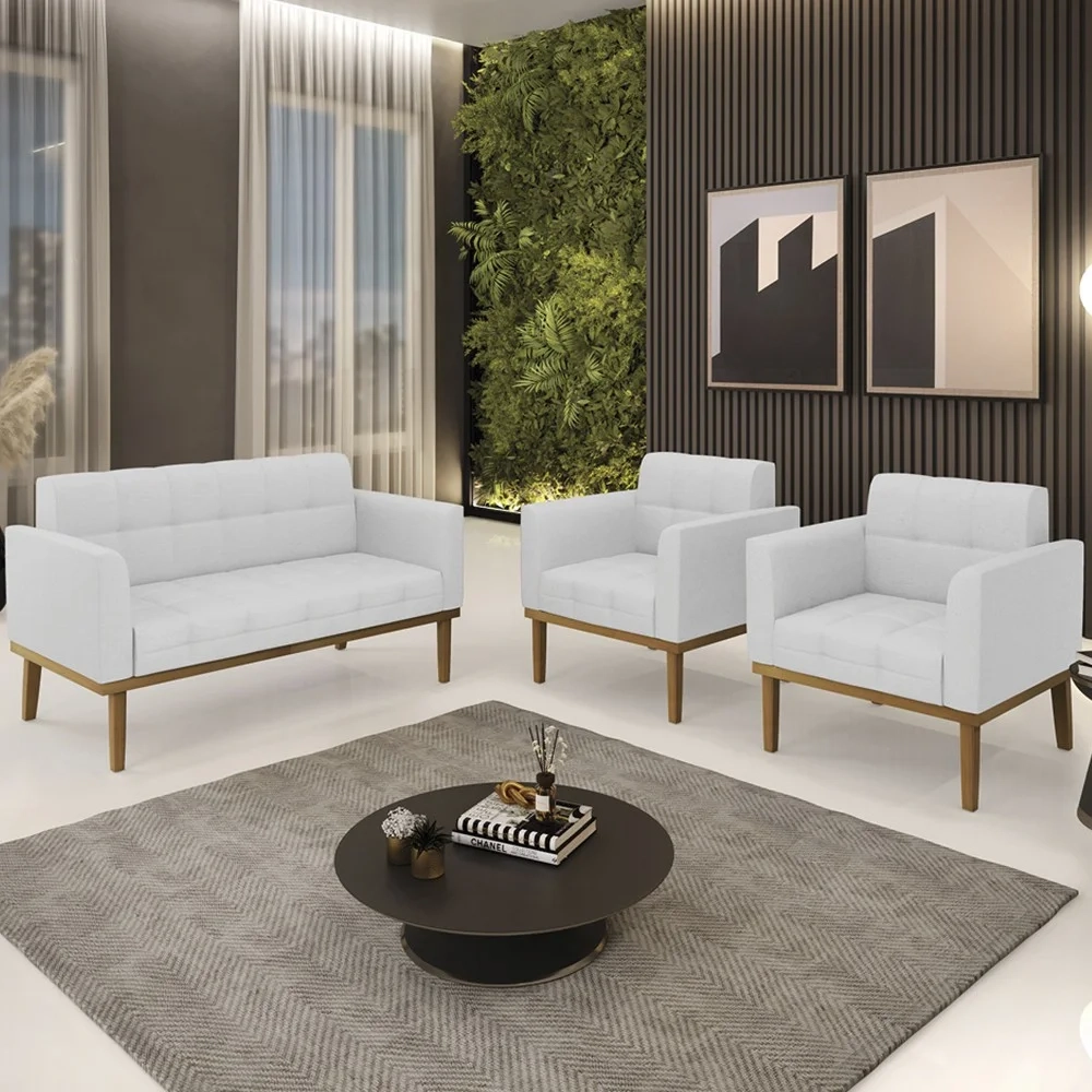 Sofá Namoradeira e 2 Poltronas Base Madeira Castanho Ana Linho Cinza - Ibiza