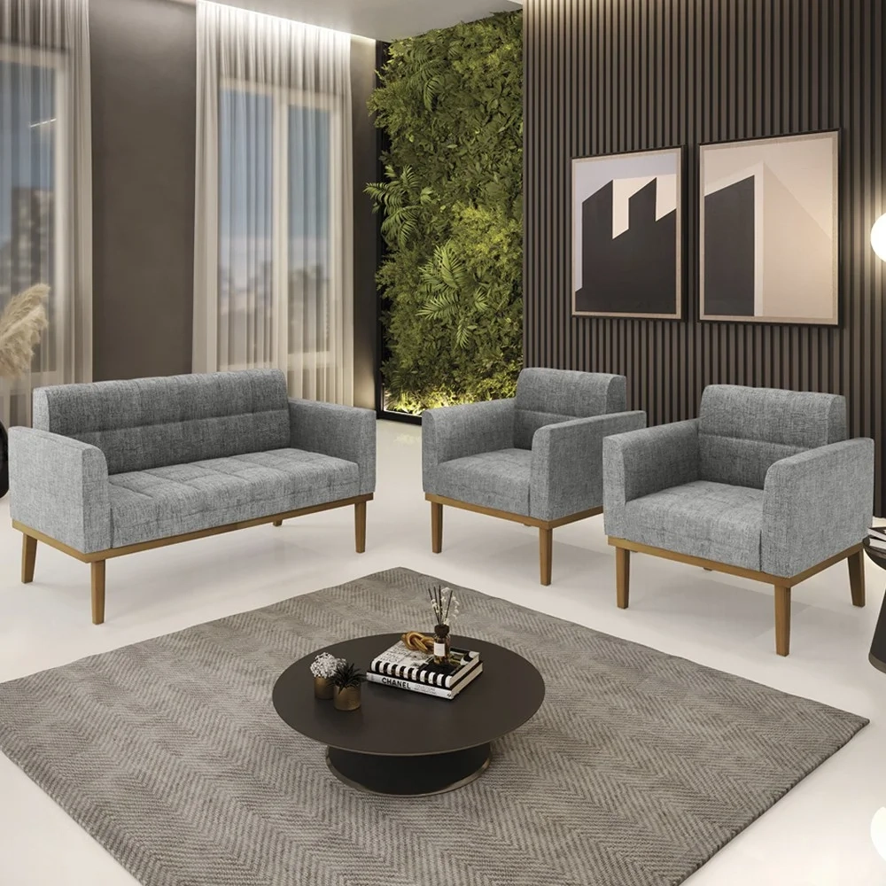 Sofá Namoradeira e 2 Poltronas Base Madeira Castanho Ana Linho Grafite - Ibiza