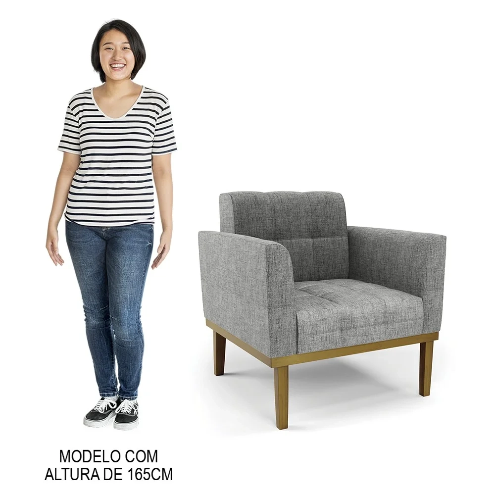 Sofá Namoradeira e 2 Poltronas Base Madeira Castanho Ana Linho Grafite - Ibiza