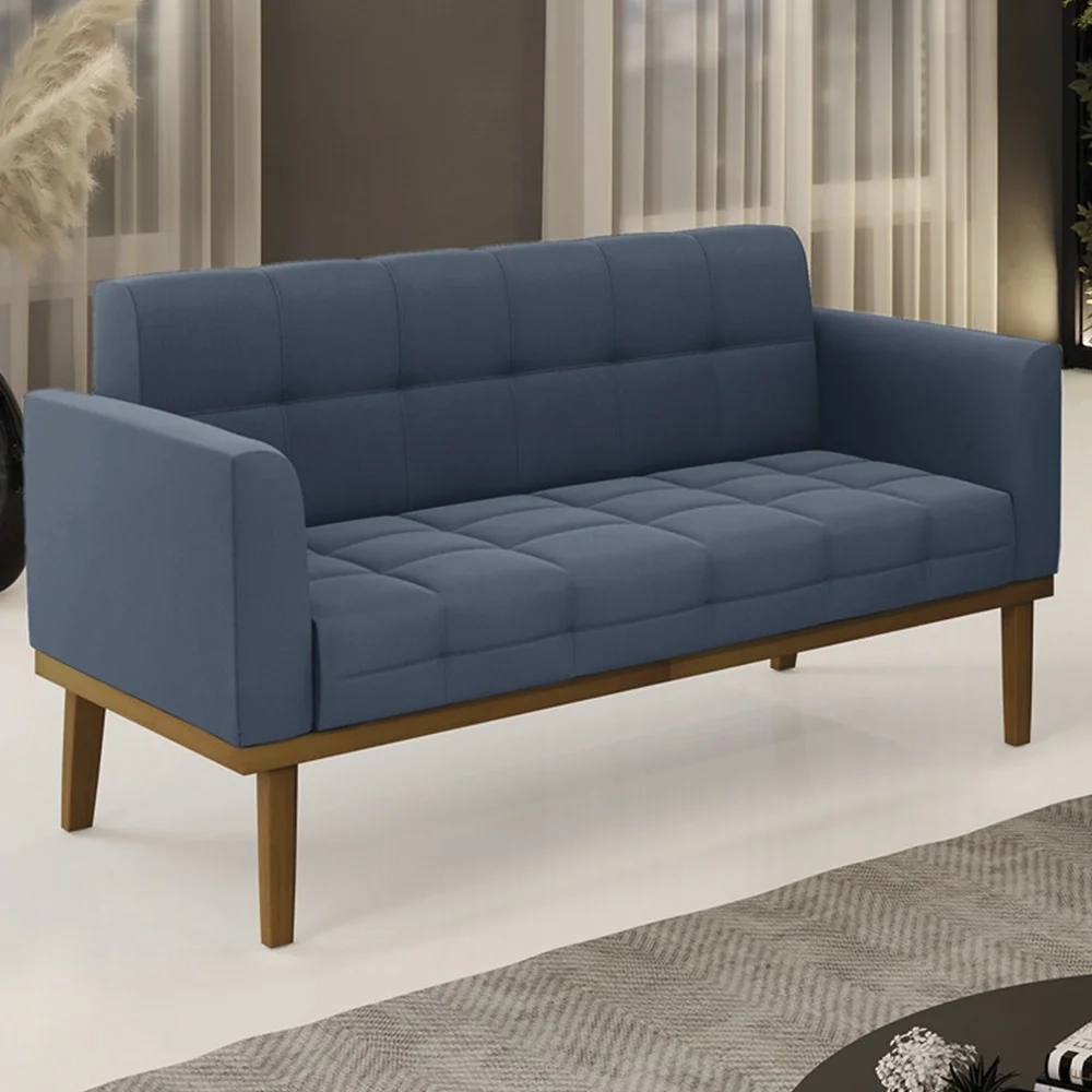 Sofá Namoradeira Base Madeira Castanho Ana Suede Azul Marinho - Ibiza