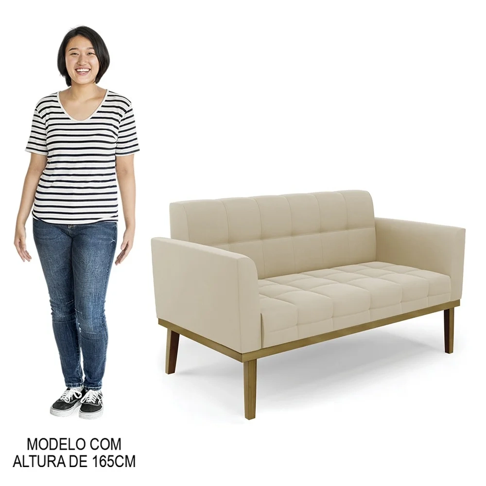 Sofá Namoradeira Base Madeira Castanho Ana Suede Bege - Ibiza