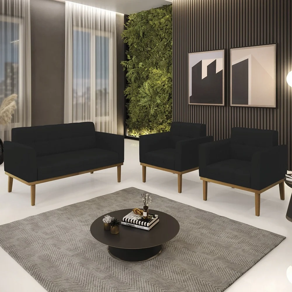 Sofá Namoradeira e 2 Poltronas Base Madeira Castanho Ana Linho Preto - Ibiza