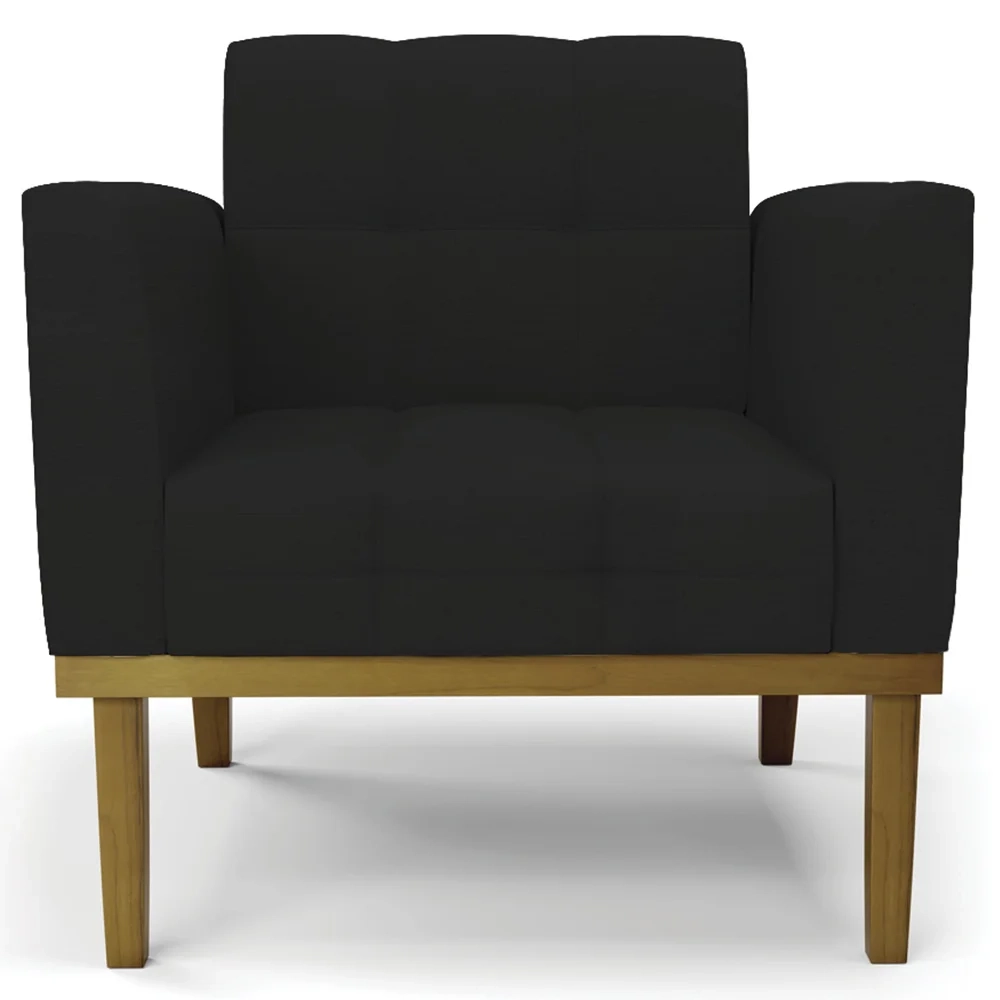 Sofá Namoradeira e 2 Poltronas Base Madeira Castanho Ana Linho Preto - Ibiza