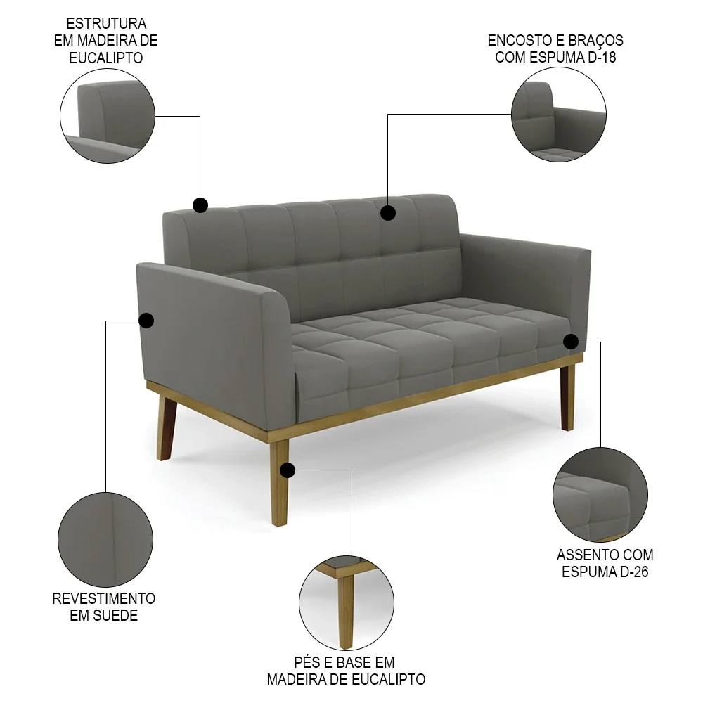 Sofá Namoradeira Base Madeira Castanho Ana Suede Grafite - Ibiza