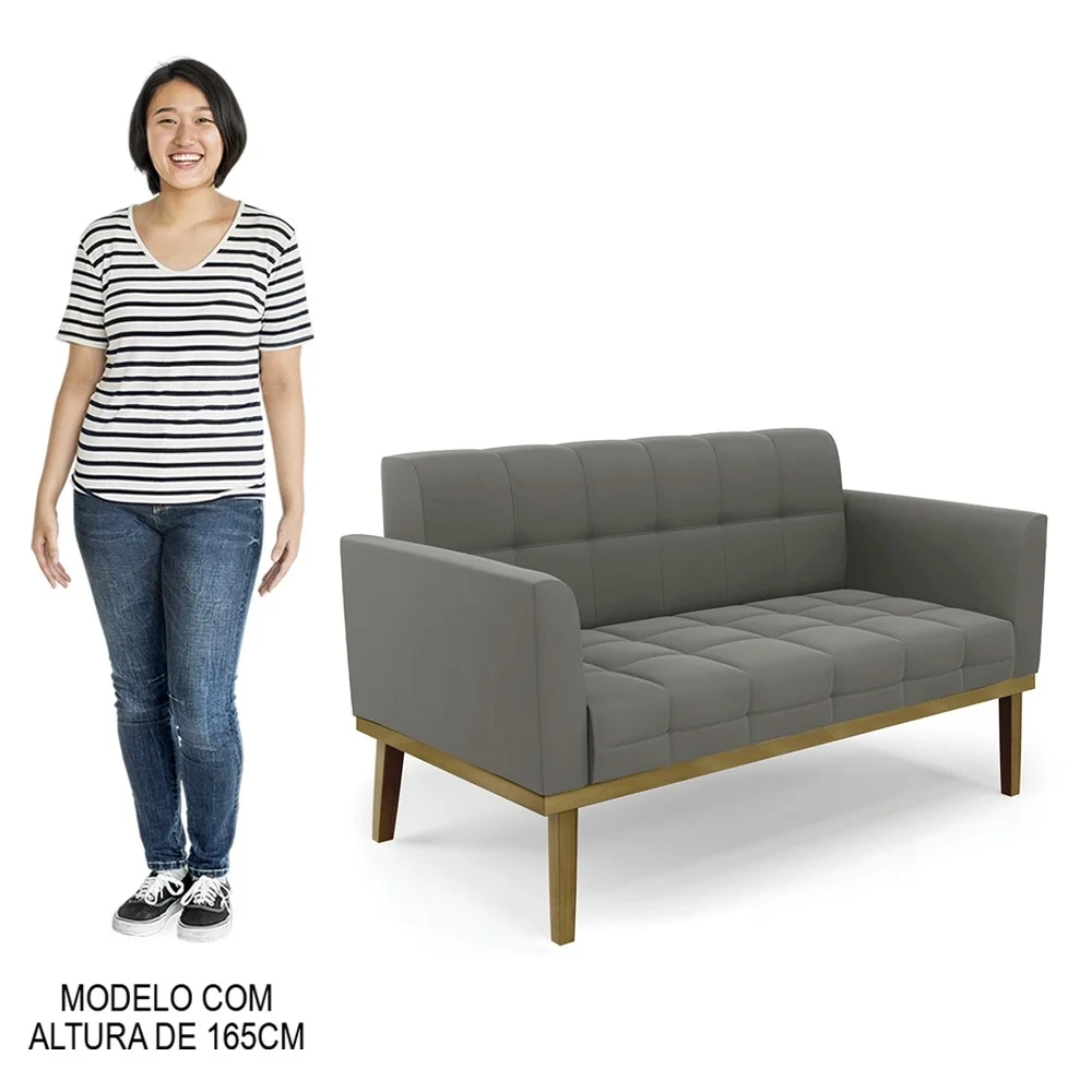 Sofá Namoradeira Base Madeira Castanho Ana Suede Grafite - Ibiza